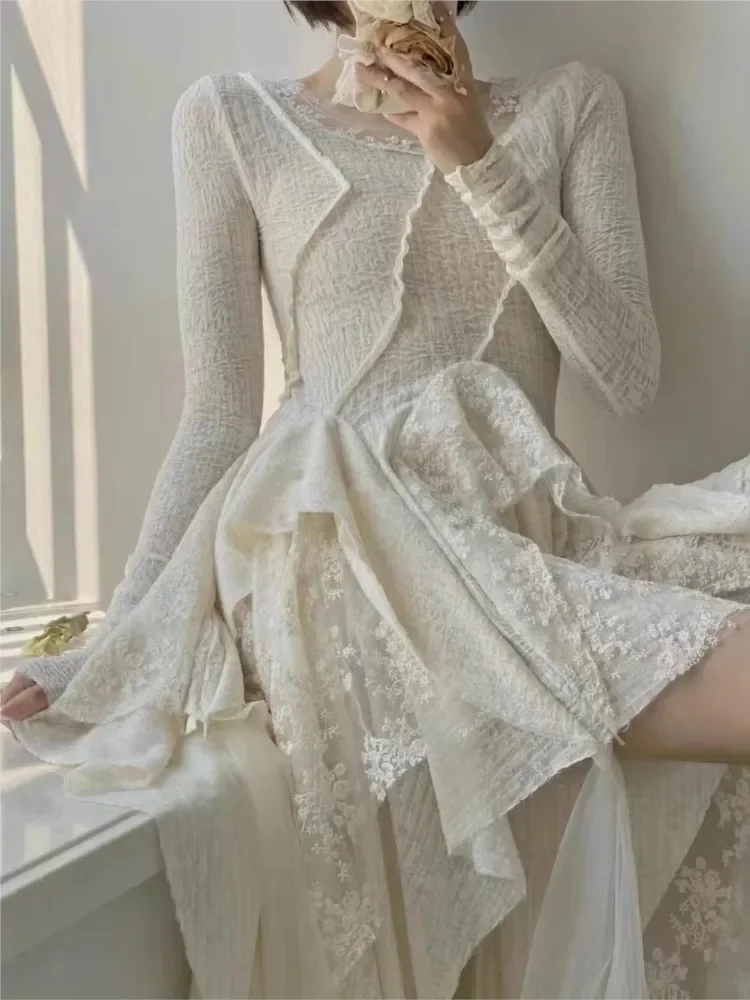 French Elegant Women\'s Vintage Dress 2022 Autumn Winter New Irregular Lace Splicing Evening Long Bridesmaid Party Dress