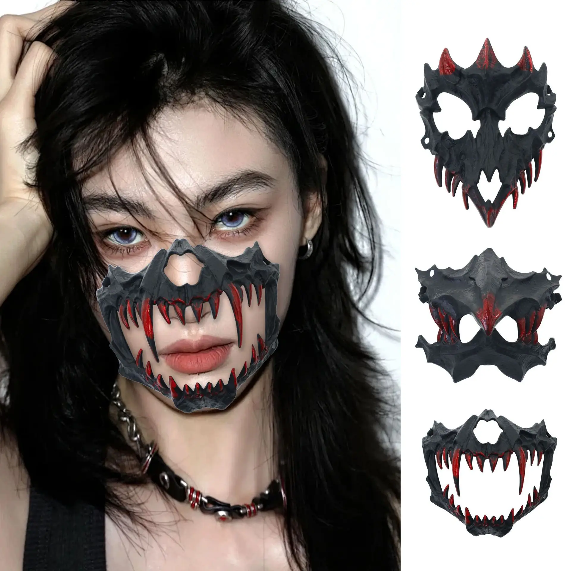 Half-face Blood Mask Men Dragon Tiger Wolf Mask Horror Halloween Costume Props Animal Skeleton Mask Party Cosplay Props