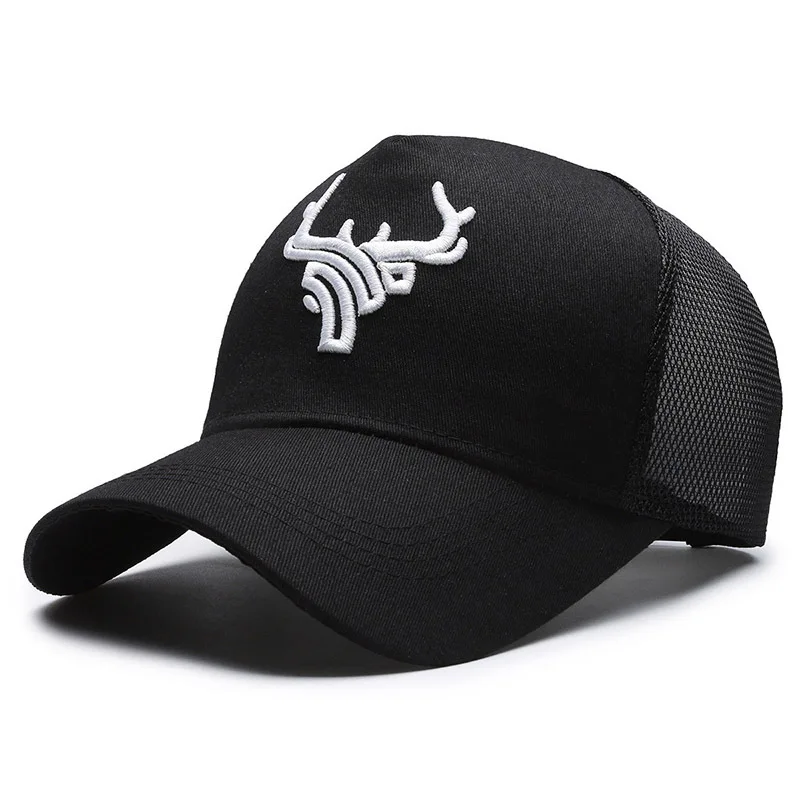 Summer Men's Baseball Cap - 5-Panel Mesh Top, Embroidered Antler & Bull Head, Breathable Sun Protection