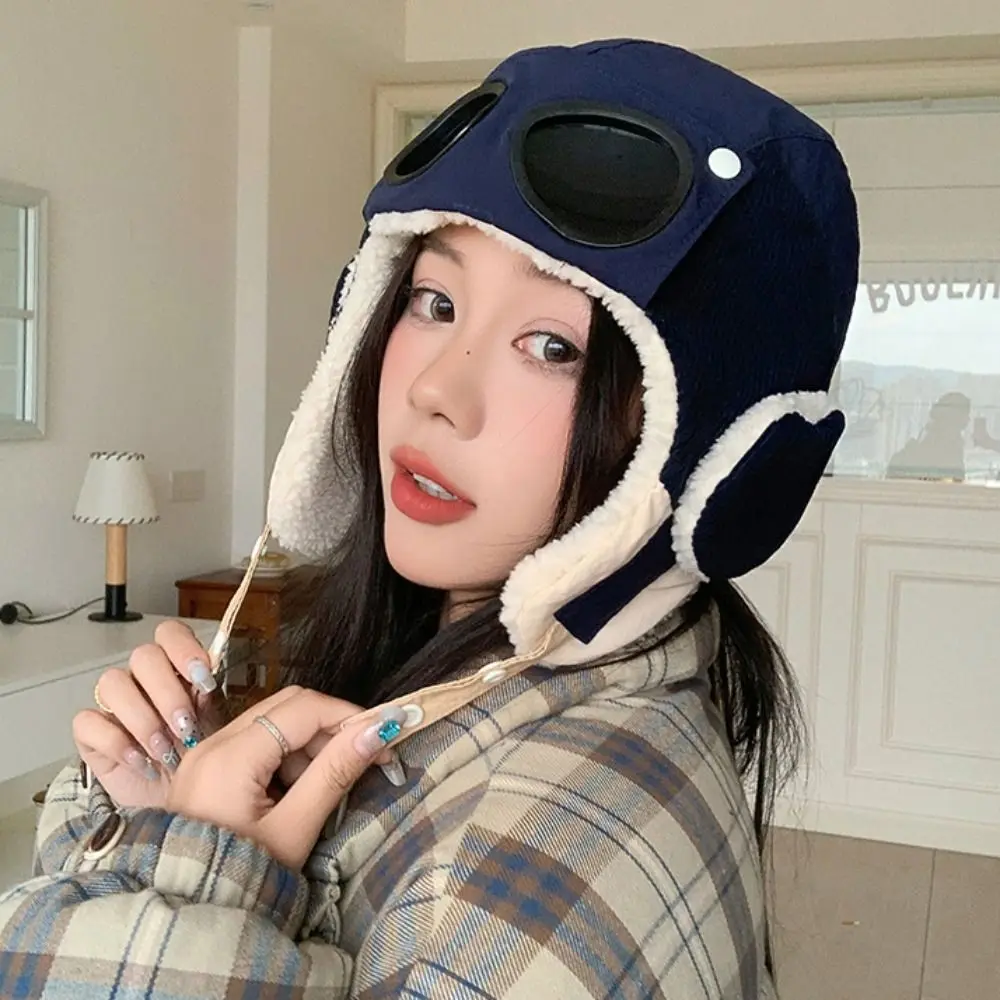 Casual Windproof Winter Pilot Hat With Goggles Beanie Anti Fog Warm Ski Hat Velvet Warm Cycling Lei Feng Hat Outdoor