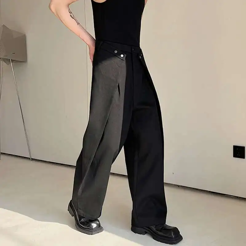 Luzhen moda elegante retalhos ruched calças casuais masculinas 2025 cor sólida na moda em linha reta solta perna larga terno calças lz1611