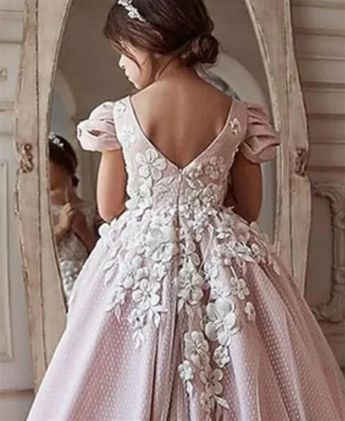 3D Floral Lace Flower Girl Dress Wedding Dress First Christmas Party Gown with Puff Sleeves Ball Gown Kids Formal Occasion Dress