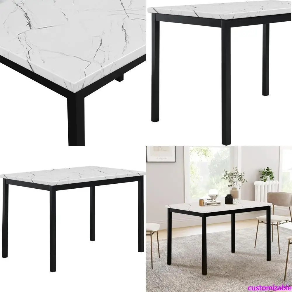 Roundhill Furniture Citico 5-Piece Metal Dinette Set with Faux Marble Top, White Table, Black Chairs