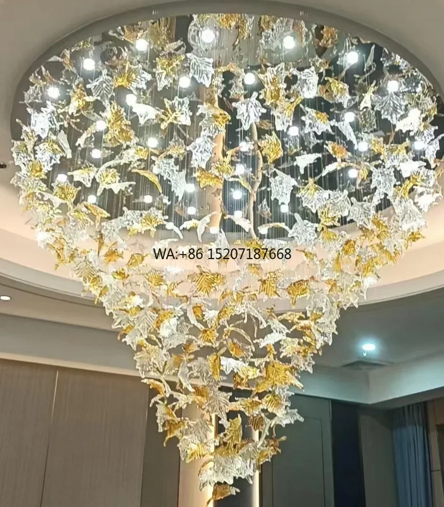 Customized Luxury Modern Crystal Glass LED  Light Oval Shape Maple Leaf  for Hotel Lobby Villa Staircase