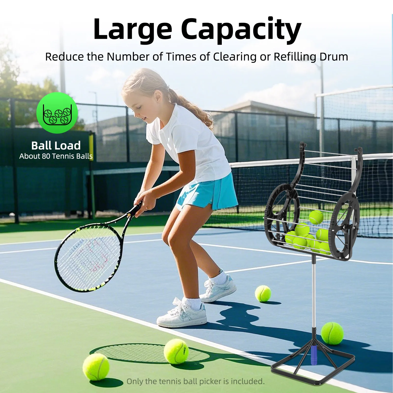 

Tennis Ball Picker, Tennis Ball Hopper, about 80 Tennis Balls Large Capacity Tennis Ball Hopper for Tennis Coaches and Players