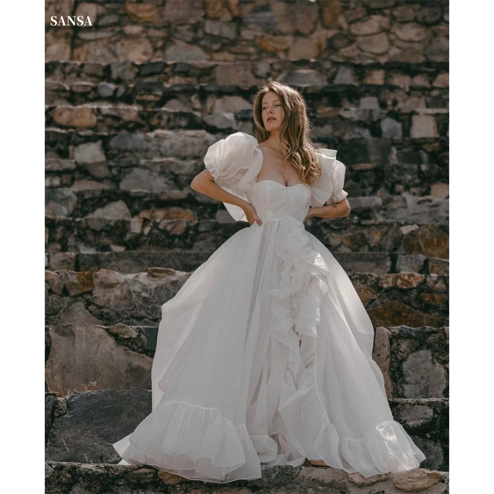 Sansa białe bufiaste rękawy sukienka na studniówkę słodka krawędź Curl Organza luksusowe suknie wieczorowe długość do podłogi de serce Vestidos de fiesta