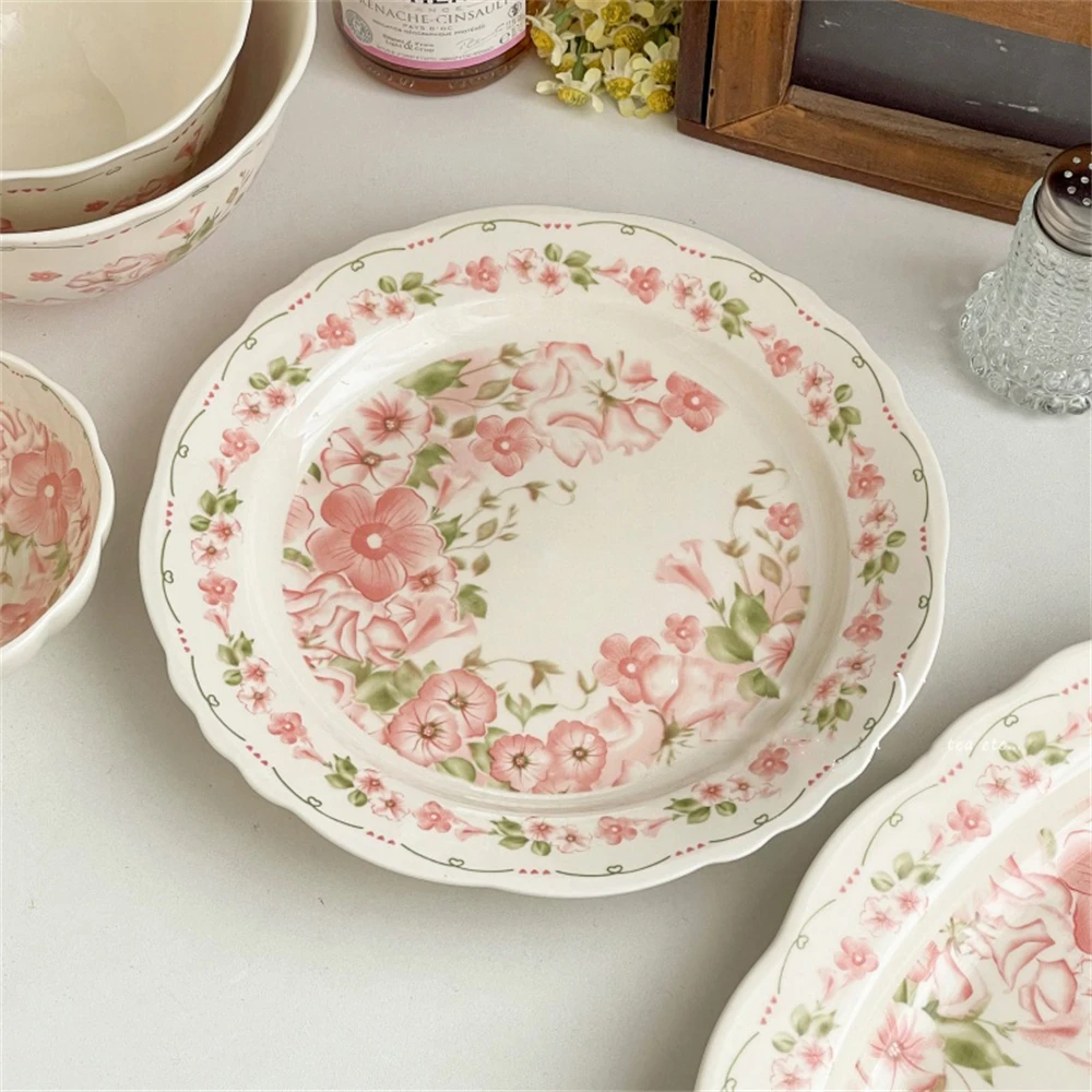 

Exquisite Ceramic Dinner Plate Pink Printing Flounce Edge Fish Plate Cake Western Food Plate Kitchen Supplies Tableware Bowl