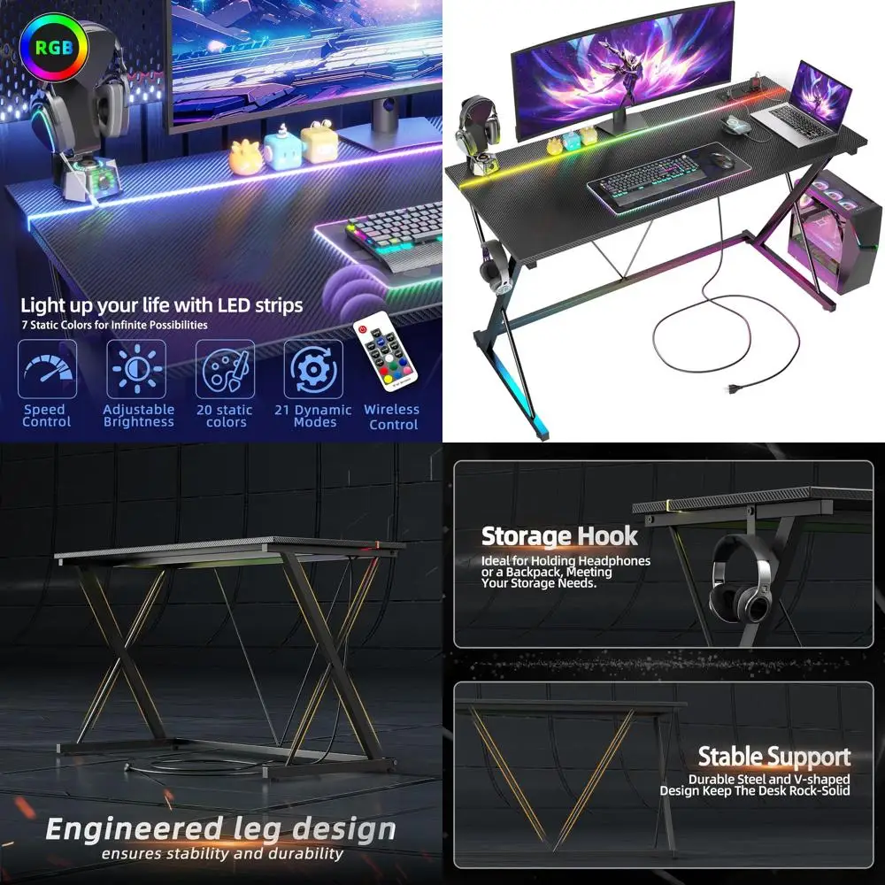 40 مكتب ألعاب مريح من ألياف الكربون مع مصابيح LED ومنافذ طاقة، ومحطة عمل للكمبيوتر الشخصي، وخطاف سماعة الرأس، مثالي للأطفال وغرفة النوم، باللون الأسود