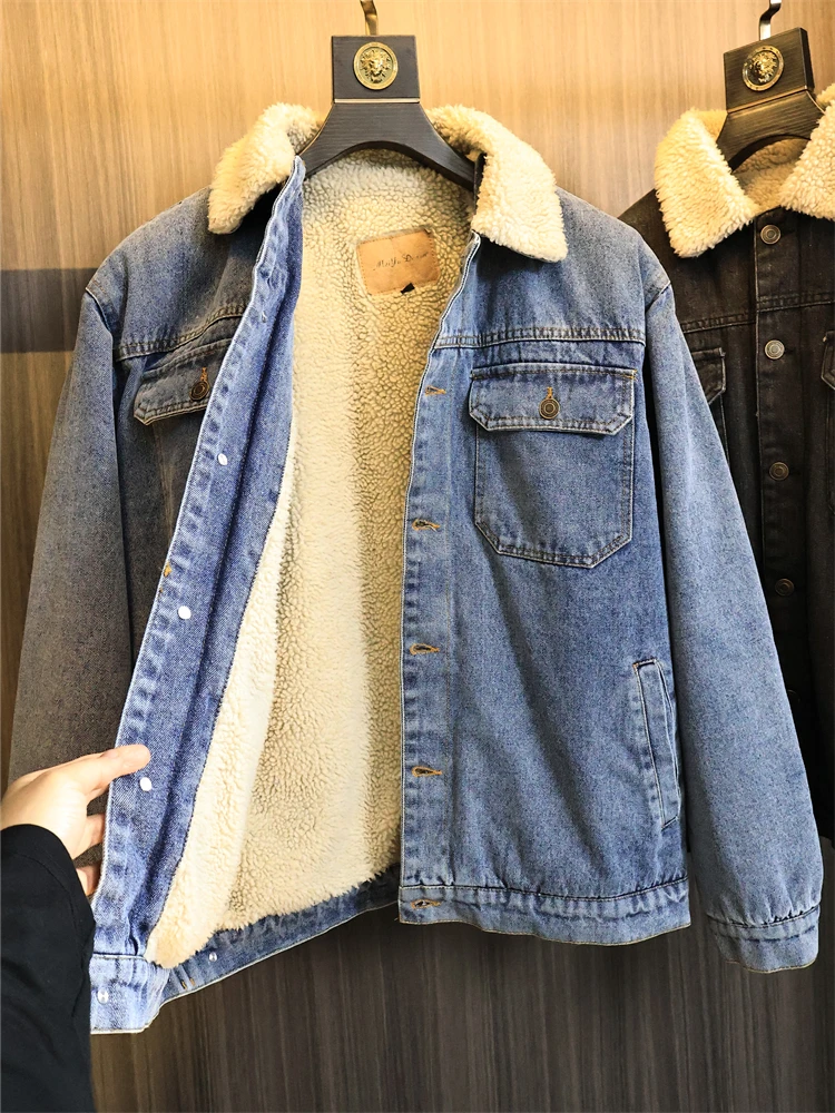 

Warm Cotton Jaet Men's Denim Waed Cosite Large Particle Lamb Velvet Winter Coat Faion Urban Sle Regular Length