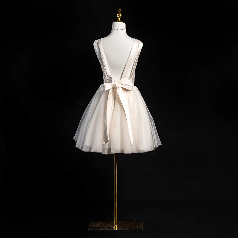 안신 숙녀님 샴페인 새틴 브이넥 레이스 비딩 진주 큰 리본 파티 맞춤 이브닝 드레스 작은 흰색 드레스