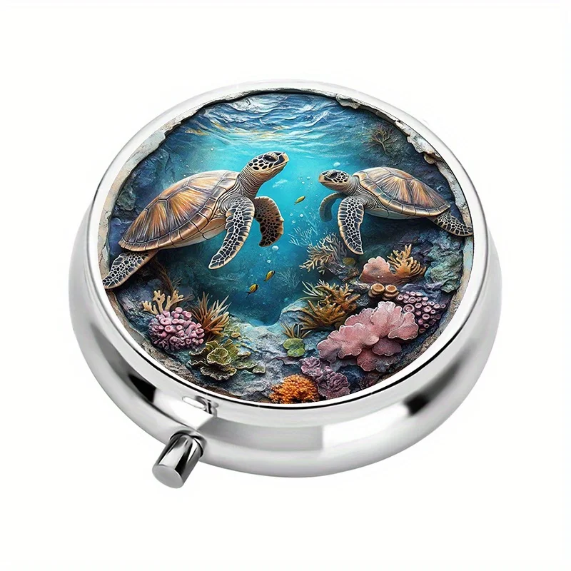 1-Pack Three-Compartment Ocean-Themed Pill Box, Decorated with Turtle, Coral Reef, and Underwater Scene Designs, Mini Pill Box, Pill Storage Box, Unique Travel Gift