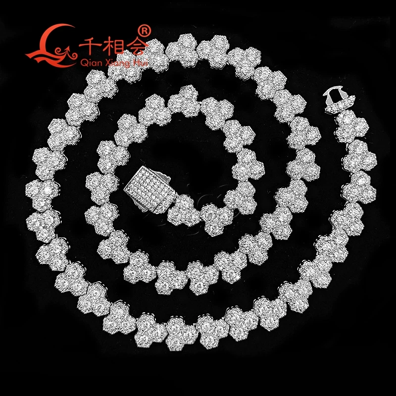 Necklace S925 silver 10mm Clover 3 leaf flower  Cuban Link Iced Out Hip Hop Moissanite Link Chain Jewelry for Women Men Gifts