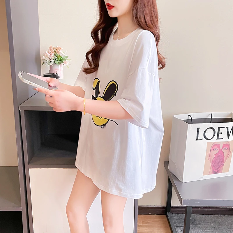 Cotton Short Sleeve T-shirt Women's Summer 2024 Embroidery Flower Mid-length Korean Version Crew Neck Top Loose Women's Clothing