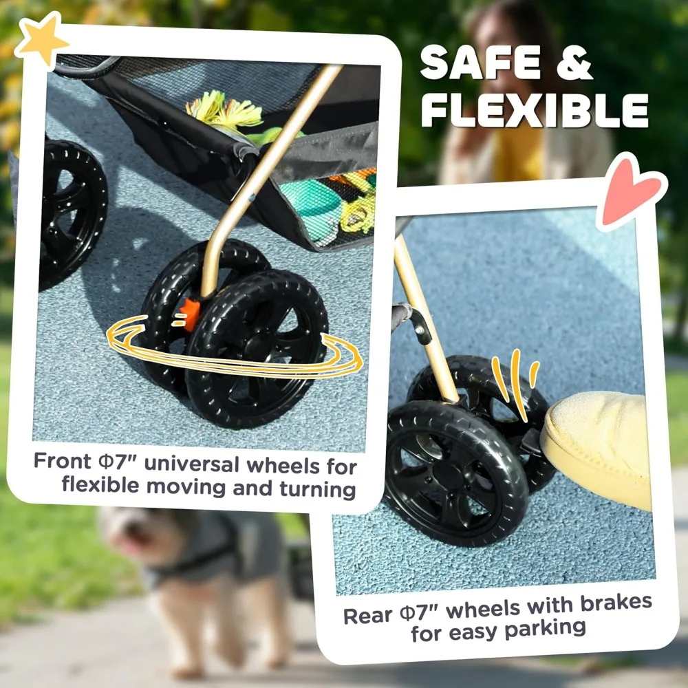 3-in-1-Hundewagen mit abnehmbarem Träger, leichter, zusammenklappbarer Haustierkinderwagen mit 4 Rädern, Aufbewahrungskorb, Getränkehalter