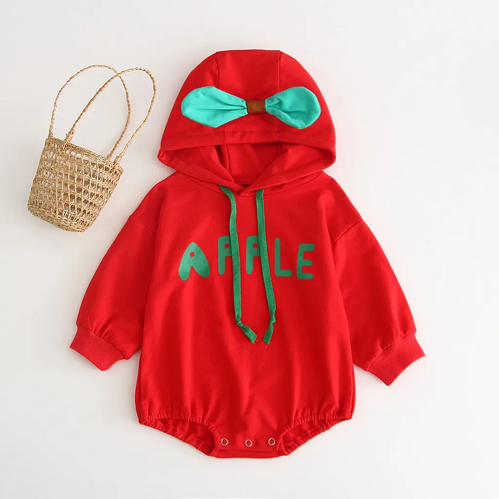 2024 Spring Toddler Boys Girls Romper Cotton Printed Letters Bowknot Hoodies Jumpsuit Drawstring Long Sleeves Baby Outfits