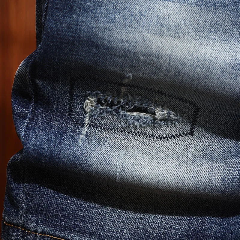 High end summer denim shorts for men with ripped patches, embroidered prints, slim fit straight leg casual cropped pants
