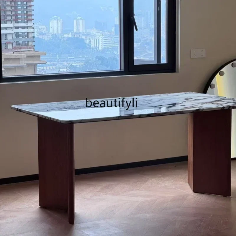 

French style, marble dining table, light luxury retro simple cream style villa square dining table