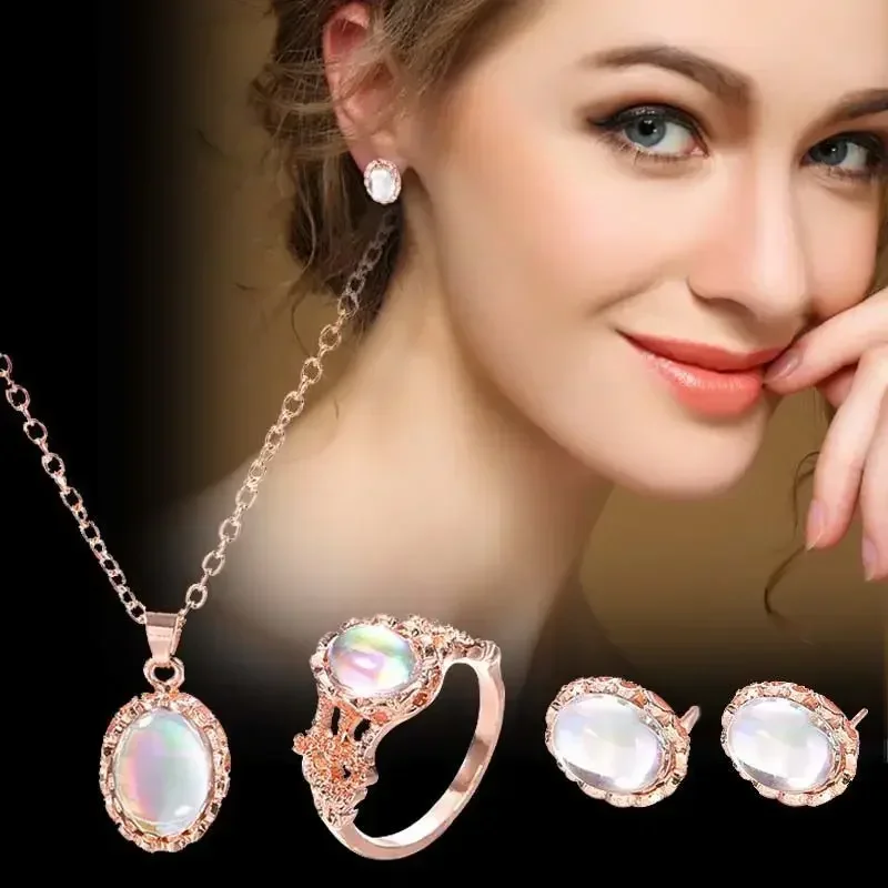 Retro Oval Natural Trendy Romantic Jewelry Sets Necklace Earring Ring Set Fashion Rose Gold Accessories Wedding Gift for Women