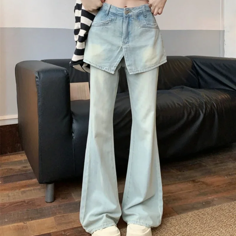 Gefälschte zwei Stücke Spleißen ausgestellte Jeans Frauen Retro gerades Bein hohe Taille einfarbige Büro Dame vielseitige Jeans hose weiblich