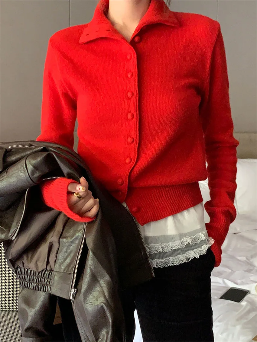 Alien Kitty Vintage Red Sweaters Solid Knitted Loose Daily All Match Fashion Autumn 2024 Cardigans New Gentle Sweet Casual