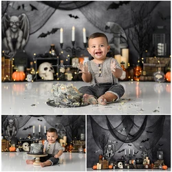 Halloween Spooky Theme Photography Backdrop Birthday Cake Smash Photo Background Skeleton Bat Decor Photo Studio Props