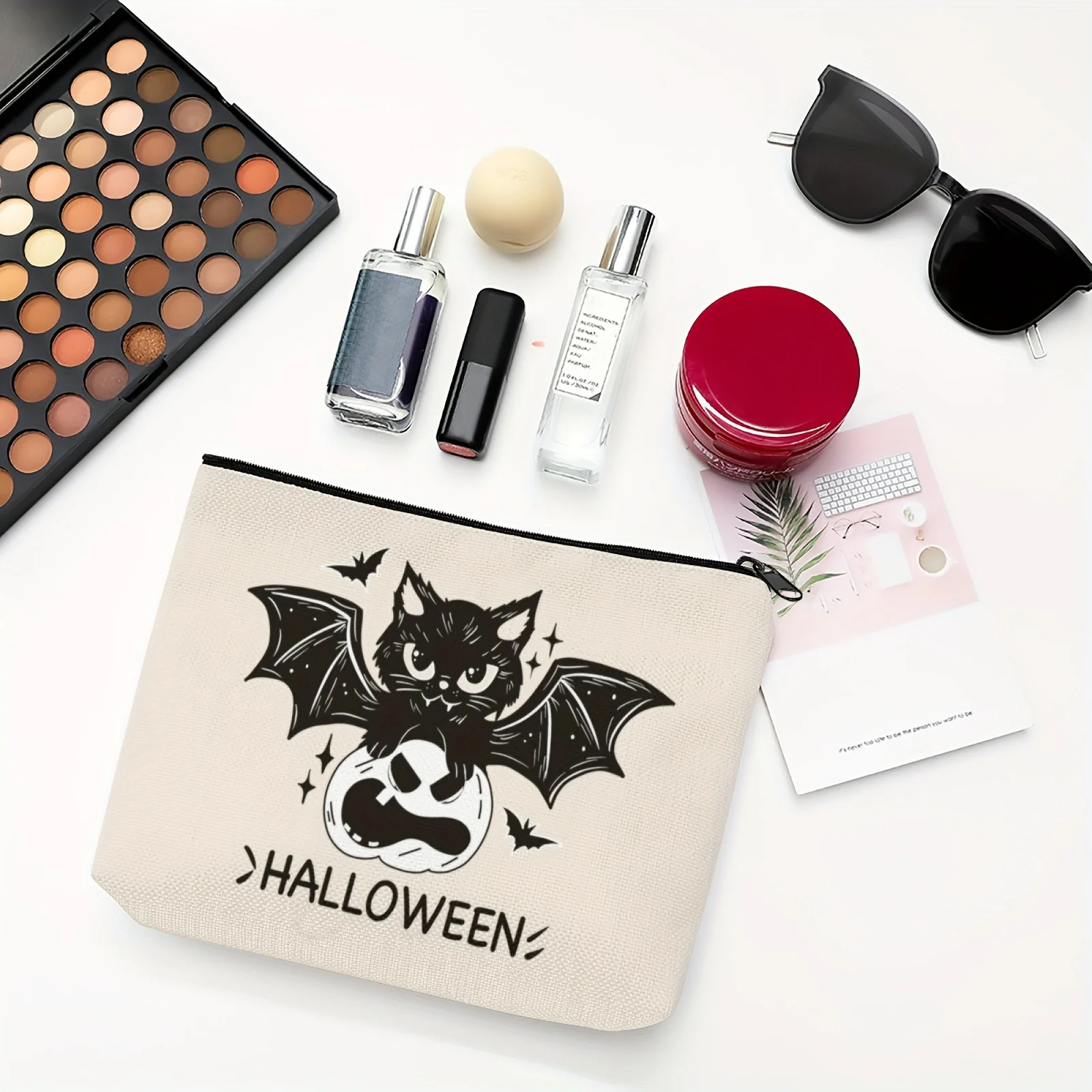 Halloween Cute Cat Bat and Pumpkin Pattern Cosmetic Bag Makeup Bag Zipper Pouch Lightweight Makeup Organizer for Travel