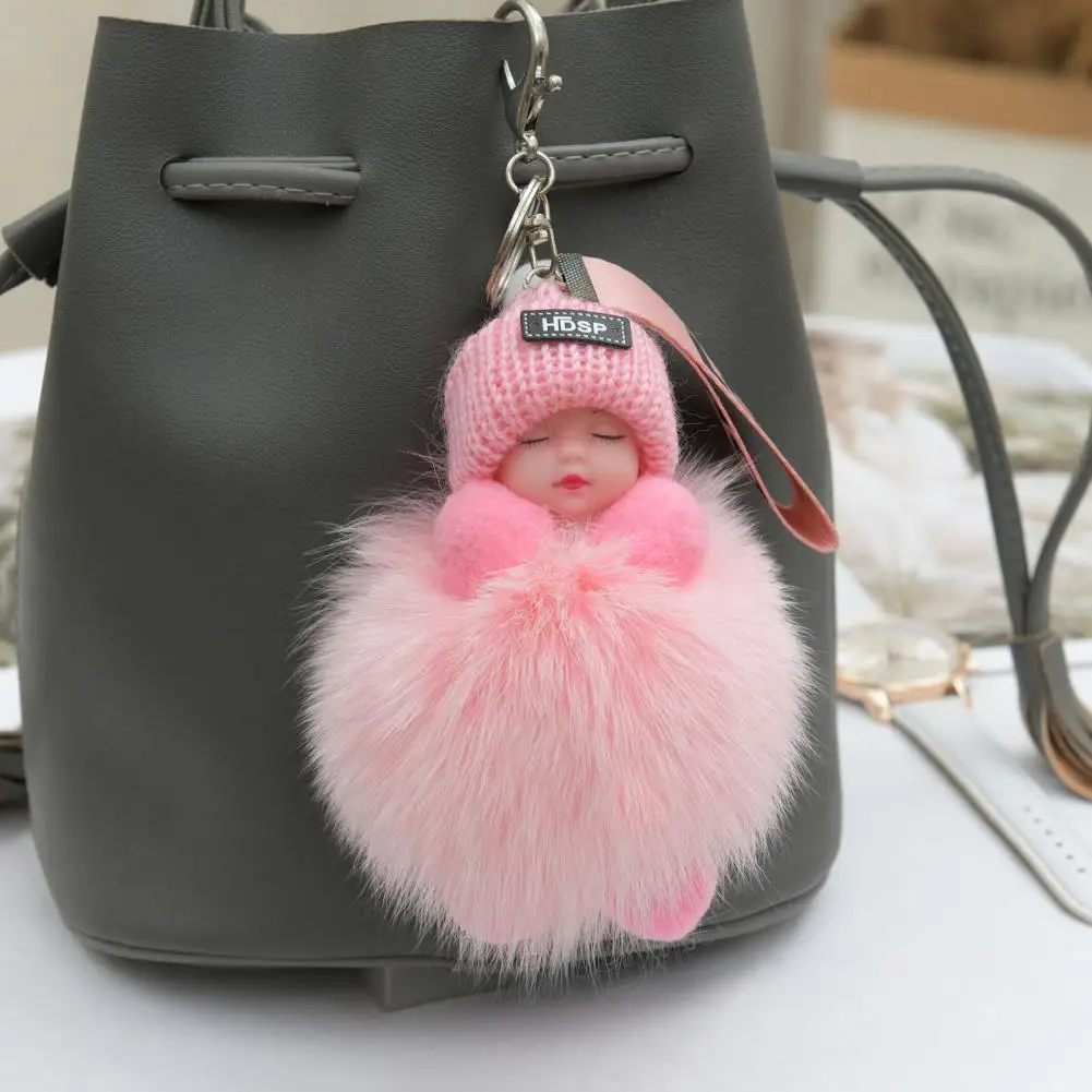 Pompom Sleeping Baby Keychain Cute Fluffy Plush Doll Fashion Keyholder Women Girl Bags Keyring Cars Key Ring Charming Decoration