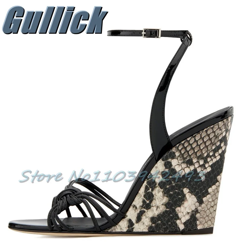 

Black Python Pattern Wedges Heeled Sandals Knot Heels Women Luxury Designer Shoes Spring Summer Buckle Strap Sandalias De Mujer