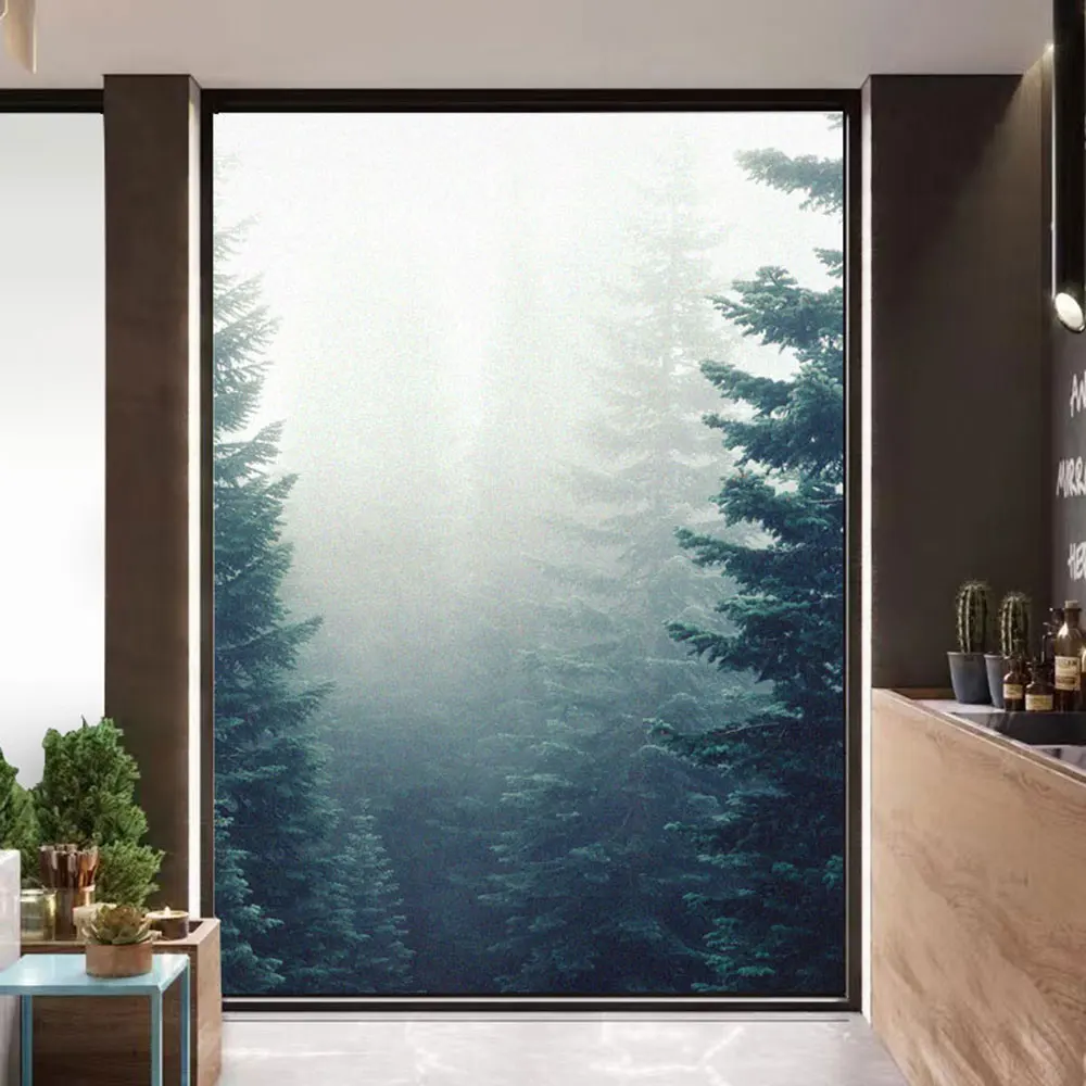 Glass Window Privacy Film Misty Forest Frosted Sun Blocking Glass Decoration Stickers No Glue Static Bathroom Door Film