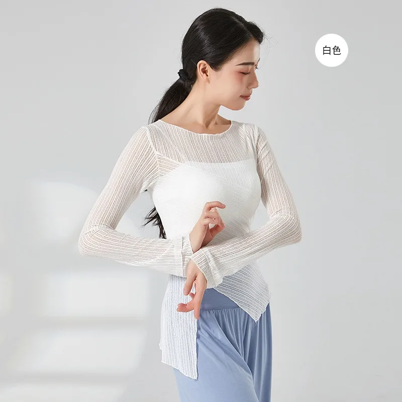 

Новая прозрачная танцевальная блузка из сетки для женщин, классическая современная танцевальная рубашка с длинным рукавом, круглым вырезом, облегающая, для летних тренировок