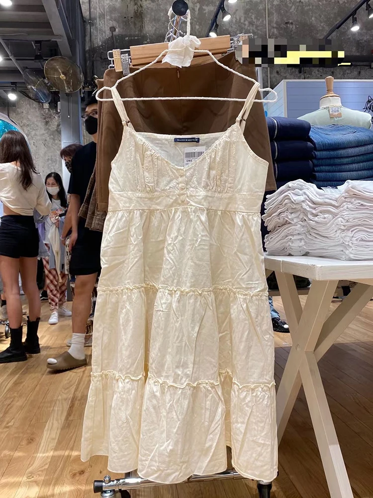 Y2K Casual Women White Front Buttons Lace Spliced Sling Dress 2024 Summer Vintage Square Collar Sleeveless Female Chic Bottoms