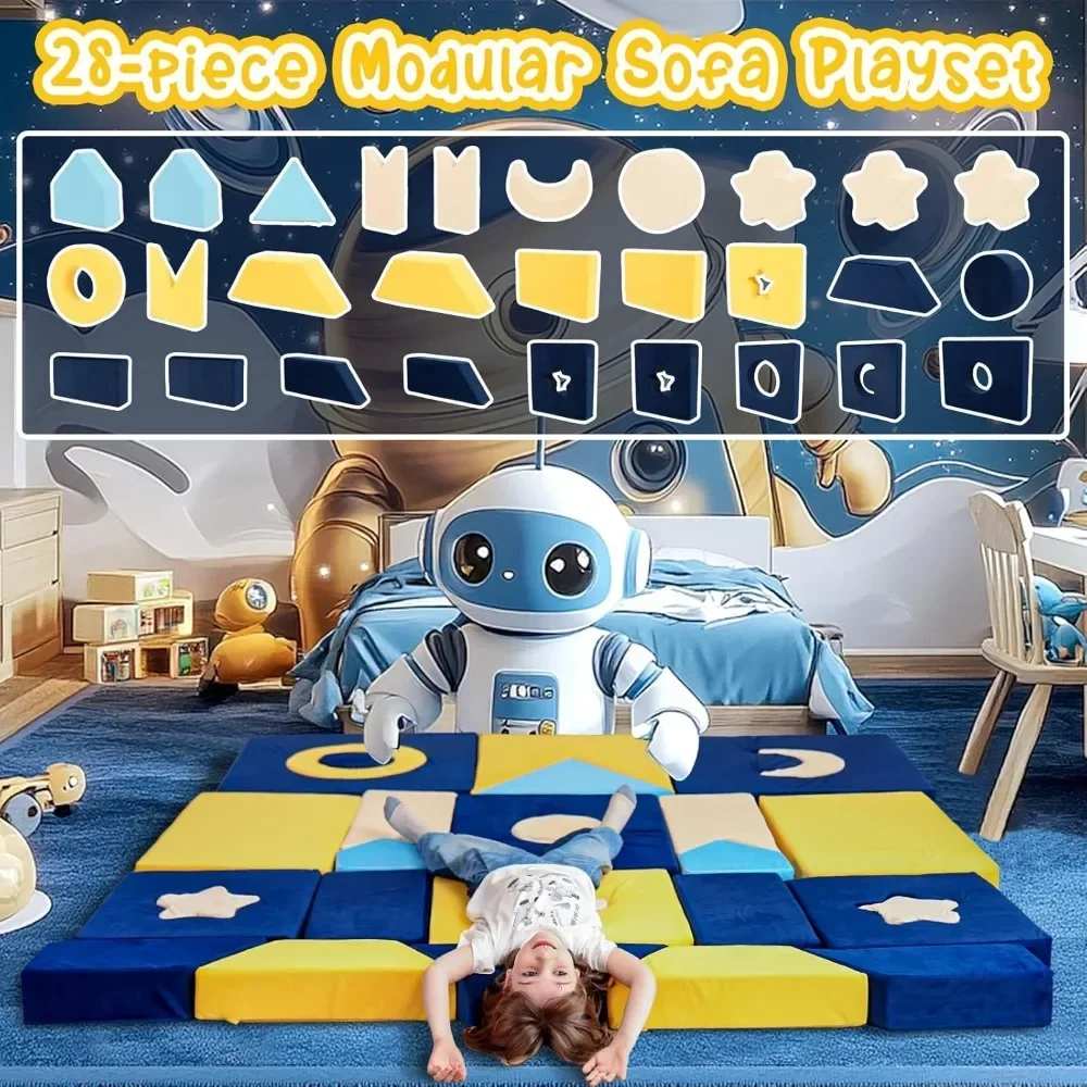 28PCS Modular Kids Play Couch, Universe Theme Toddler Couch Building Fort, Multifunctional Kids Sofa