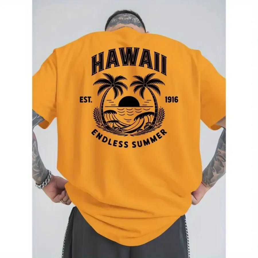 Casual Short-Sleeved T-Shirts for Summer in Hawaii, Featuring Trendy Prints for Men. These Loose-Fitting, Versatile Round-Neck