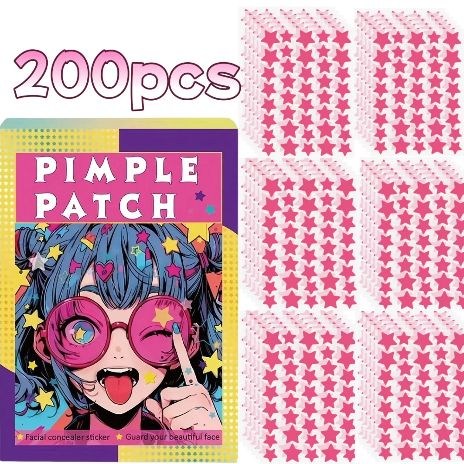 200 قطعة من رقع حب الشباب على شكل نجمة - لطيفة ومقاومة للماء وقابلة للتنفس. تصميم نجمة ملونة لجميع أنواع البشرة. سرية وفعالة
