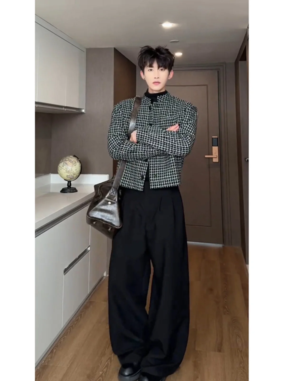 

ort Plaid Men's Flight Jaet Spring Autumn New Chinese Sle Suit Set Pad oulder High Sensation Hip Haome Cheered Coat