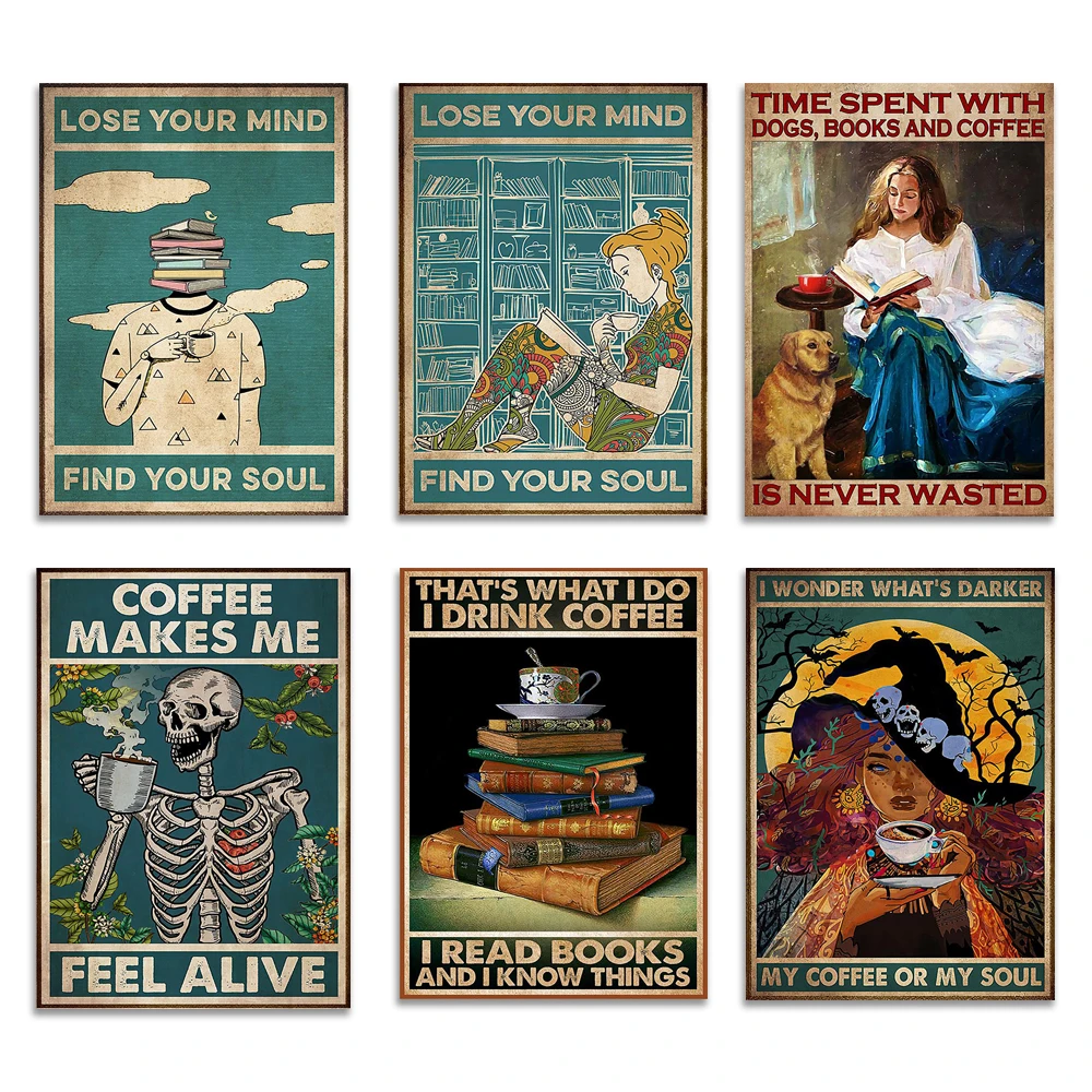 African American is easily distracted by books and coffee, tattoo girl coffee lost your mind find your soul art poster