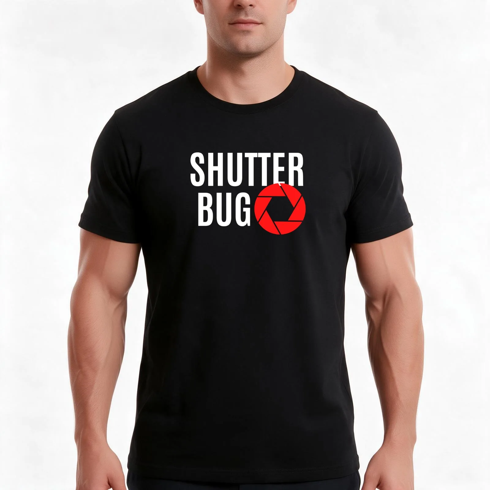 White shutterbug and red aperture design for photographers and camera enthusiasts T-Shirt, Summer Casual Cotton Tee, 100% Cotton