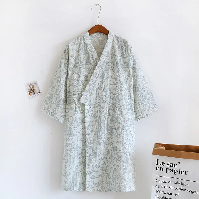 Japanese Series Ms. Pure Cotton Double Gauze Frenum Long Sleeve Home Skirt Night Gown Bathrobe Summer Refreshing Comfort Loose