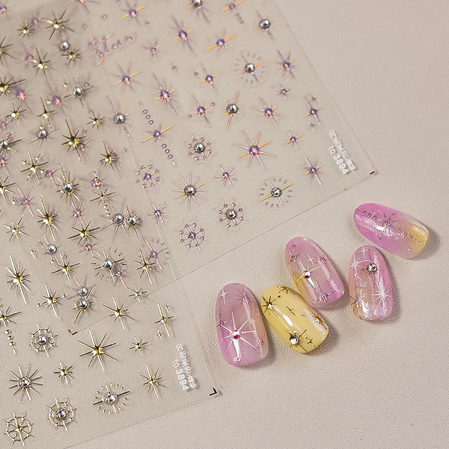 1 szt. Naklejki na paznokcie 5D Starlight Laser Pink Y2K Cyrkonie Złote Srebrne Różowe Gwiazdy Błyszczące Naklejki na Paznokcie DIY Relief Nail Slider*
