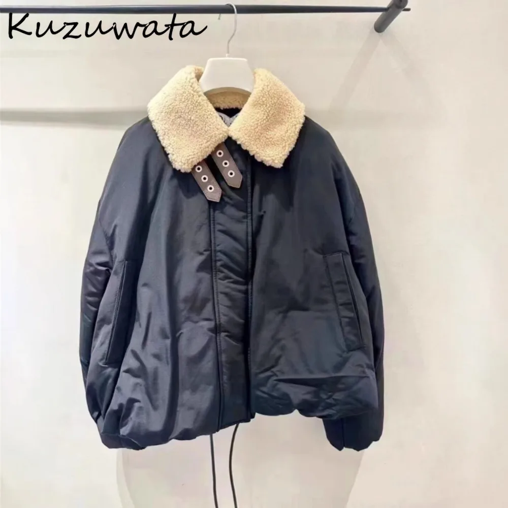 Kuzuwata Loose Exquisite Warm Vintage Short Parka Lamb Wool Patchwork Turn-down Collar Coat Japan Small Fellow Drawstring Jacket