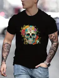 Skull And Flowers Print Tees For Men, Casual Crew Neck Short Sleeve T-Shirt, Comfortable Breathable T-shirt For All Seasons