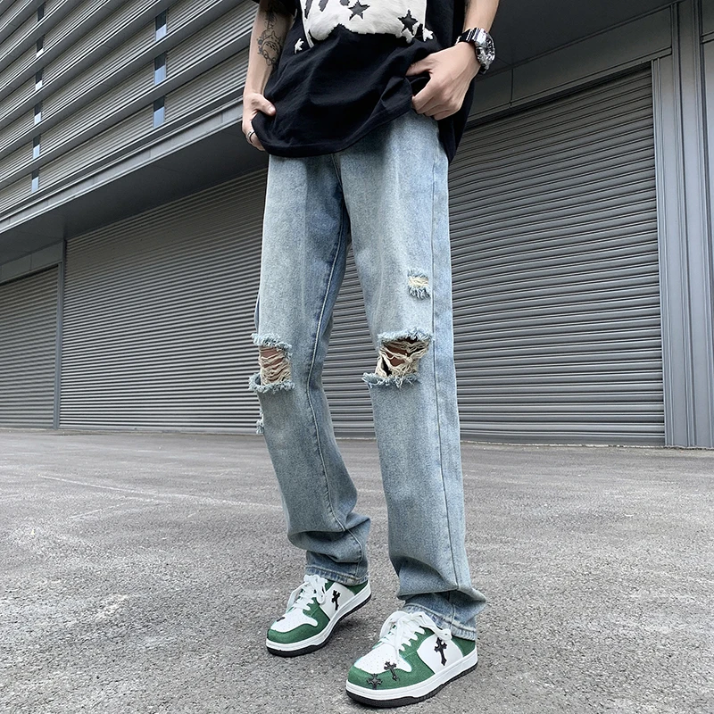 

Ripped Hole Jeans Denim Pant Man Man Straight Patchwork Baggy Boyfriend Punk Kpop Harajuku Streetwear Hip Hop Trousers W245