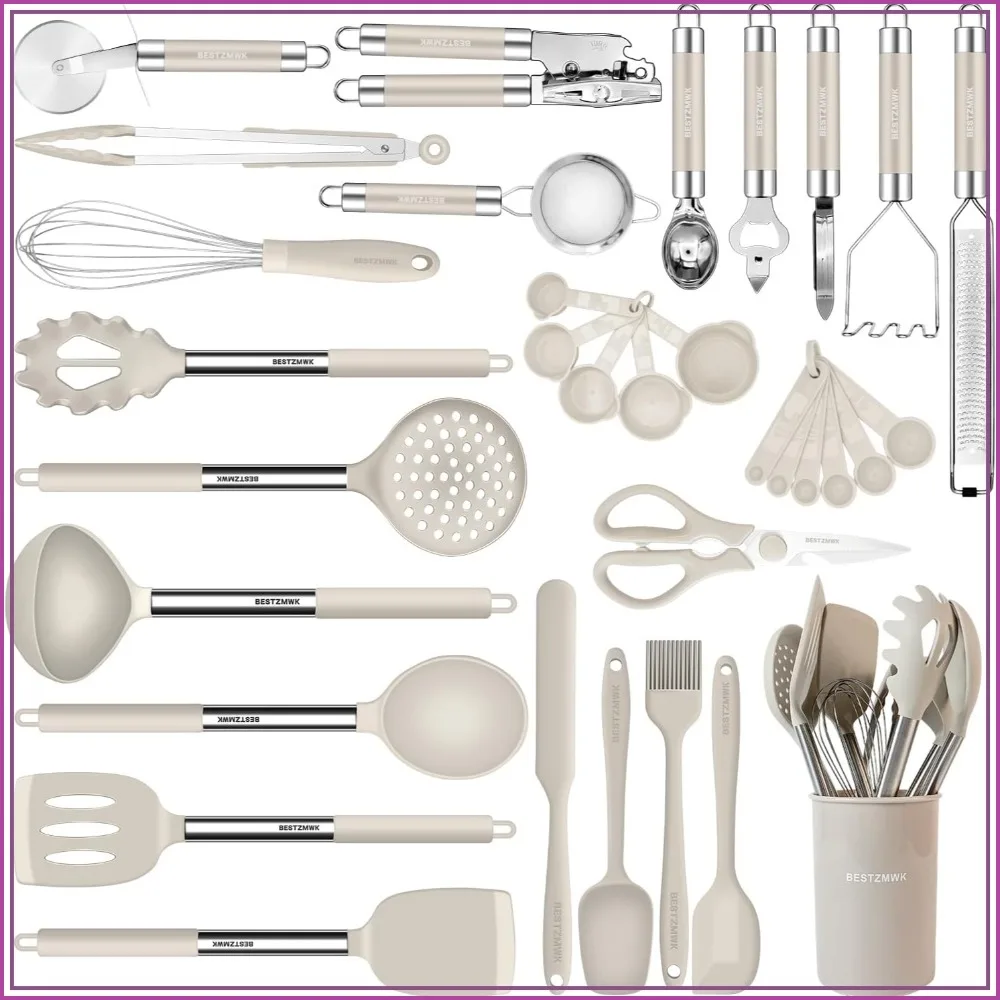 

33pcs Non-Stick Silicone Kitchen Utensils Set with Holder, Stainless Steel Handle (Khaki)