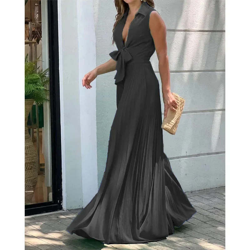 Sexy Deep V Neck Bow High Waist Party Wide Leg Jumpsuit Women New Summer Fashion Elegant Sleeveless Streetwear Romper Pants 2023