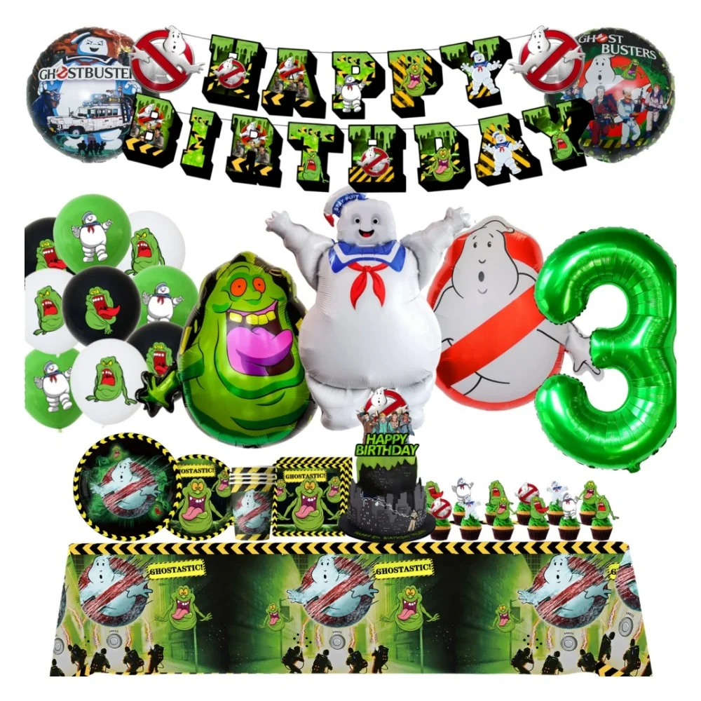 Image of Ghostbusters Geburtstagsparty-Dekorationen Geisterfänger-Papier Einweggeschirr Ballons Hintergrund Kinder Baby-Shower Party-Zubehör