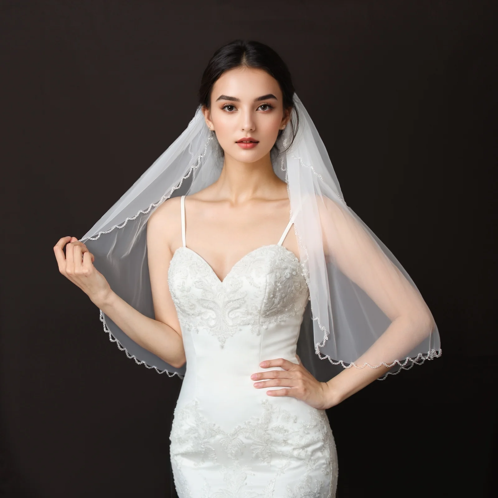 

Фата с бисерным краем, двухслойная, белая слоновая кость, короткая длина, с расческой, свадебный аксессуар, мягкий тюль 100 см