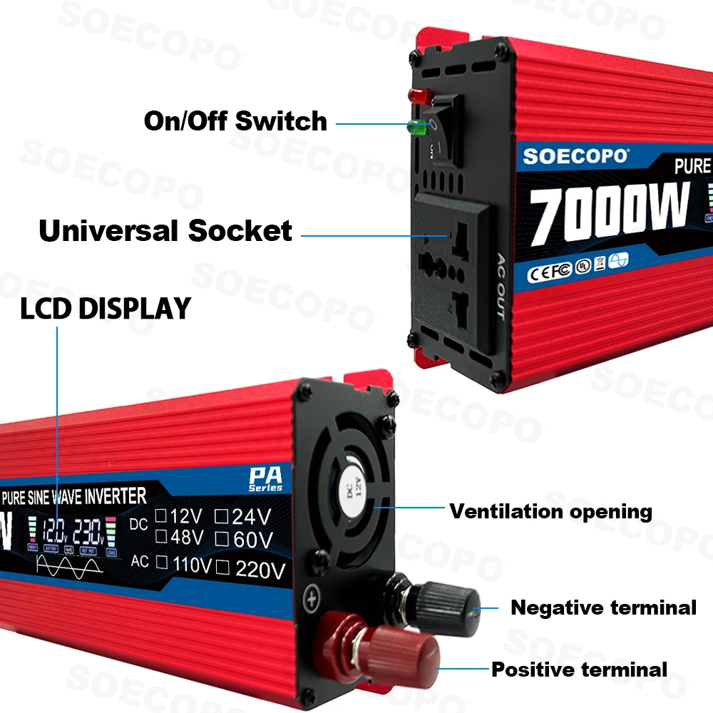 SOECOPO Inwerter 12V na 110V 7000W Czysta Fala Sinusoidalna Inwerter Solarny DC 12V/24V/48V/60V na AC 110V/220V Dom Kemping RV