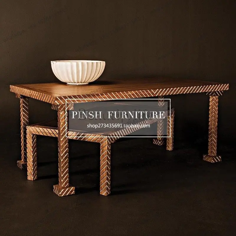 Solid wood desk writing desk French retro engraving living room coffee table entrance table