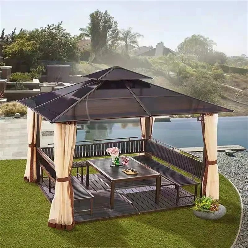 For Outdoor Gazebo Wrought Iron Pavilion Four Corner Sunshade Canopy for Villa Courtyard Farm Log Cabin Construction Site Tea