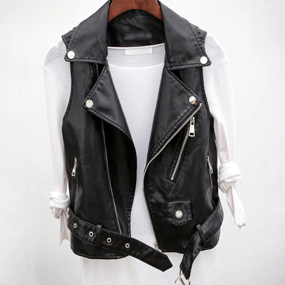 

Женский короткий кожаный жилет в корейском стиле, весенне-осенний повседневный кожаный жилет без рукавов из искусственной кожи с вырезом на плечах и небольшим поясом